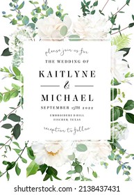 Floral vector banner, vertical invitation frame with white rose, magnolia, eucalyptus, emerald and mint greenery, green plants. Wedding design watercolor card. All elements are isolated and editable