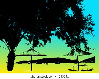 floral vector beach and trees with umbrellas in seaside