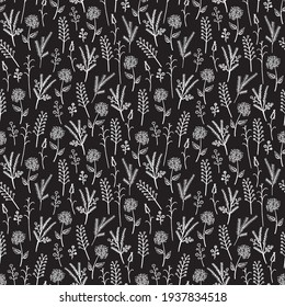 Floral vector black and white background, vector seamless pattern. white twigs and flowers on a black background