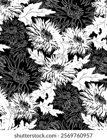 Blumenvektor schwarz-weißes nahtloses Muster mit Blüten von Chrysantheme. Für Blumendesign, Bekleidungstextilien, Tapeten, Bettwäsche, Heimtextilien, Poster, Verpackung.