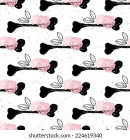 Floral vector bones background in grunge style, textured seamless pattern woth tibia bones and  pink rose flowers