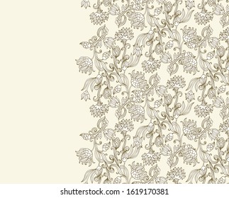 Floral vector border decor with stylized diasy, chrusanthemum flowers on beige background