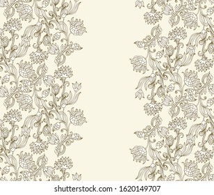 Floral vector border decor with stylized diasy, chrusanthemum flowers on beige background