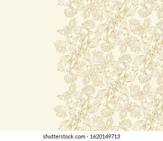 Floral vector border decor with stylized diasy, chrusanthemum flowers on beige background
