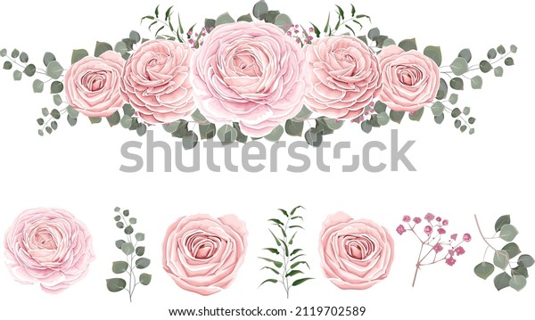 Floral vector border. Pink roses, eucalyptus,\
pink gypsophila, green plants and leaves. All elements are isolated\
on white background