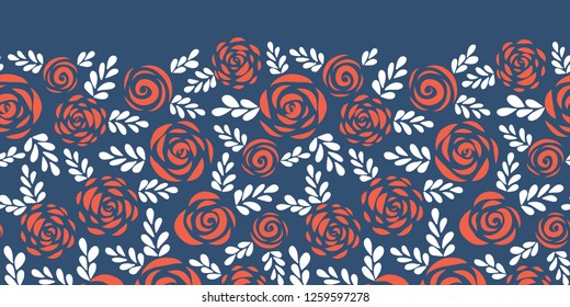 Floral vector border red roses with white leaves on blue background seamless. Scandinavian flower silhouettes. Pattern for Valentines, greeting card, wedding, poster, banner, frame, stencil, party
