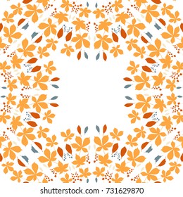 Floral vector botanical background with different hand drawn leaves and plants in autumn colors. Card template with place for your text.