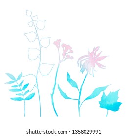 Floral vector botanical illustration with different hand drawn leaves, wild flowers and plants with watercolor texture in light pink and blue on white background