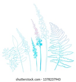 Floral vector botanical illustration with different hand drawn leaves, wild flowers and plants with watercolor texture in light pink and blue on white background