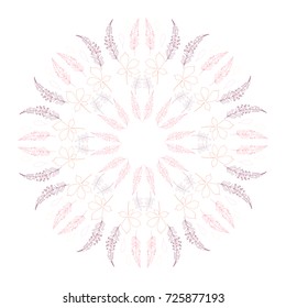 Floral vector botanical rounded illustration with different hand drawn leaves and plants. Creative frame with place for your text.