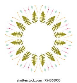 Floral vector botanical rounded illustration with fern  leaves and chicory flowers. Creative frame with place for your text.