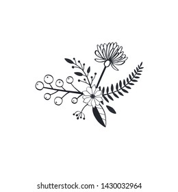 Floral vector bouquet with anemone and wild flowers  . Hand drawn rustic  isolated objects. Decorative Invitation cards for wedding, birthday party