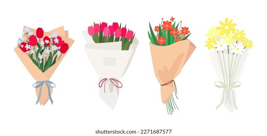 Floral vector bouquet with colorful flowers in craft paper. Set of four illustrations.