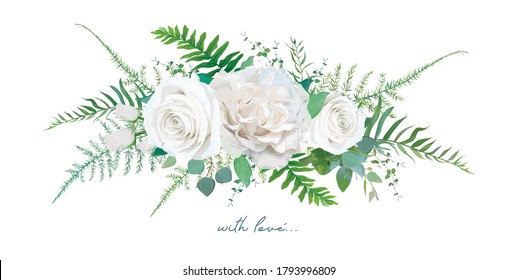 Floral vector bouquet design: Garden ivory white creamy peony Rose flower, silver sage Eucalyptus branch, greenery leaves, forest ferns, asparagus & herbs. Wedding, watercolor style invite card design