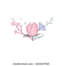Floral vector bouquet  with rose, peony, anemone, sakura, wild flowers. Hand drawn rustic  isolated objects. Decorative Invitation cards for wedding, birthday party