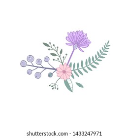 Floral vector bouquet  with rose, peony, anemone, sakura, wild flowers. Hand drawn rustic  isolated objects. Decorative Invitation cards for wedding, birthday party