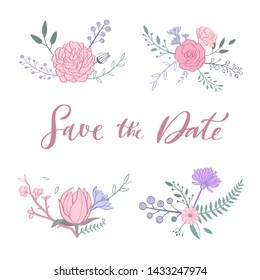 Floral vector bouquet  with rose, peony, anemone, sakura, wild flowers. Hand drawn rustic  isolated objects. Decorative Invitation cards for wedding, birthday party. Save the date