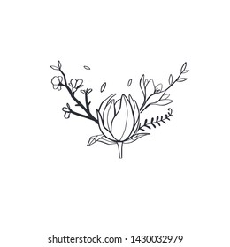 Floral vector bouquet with sakura and crocus . Hand drawn rustic  isolated objects. Decorative Invitation cards for wedding, birthday party