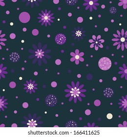 Floral vector bright seamless pattern. Violet flowers on dark background. Can be used for textile, wallpaper.