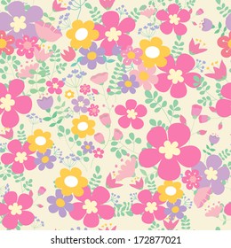 Floral vector bright seamless pattern. Yellow, lilac, pink flowers on light background. Can be used for textile, wallpaper.