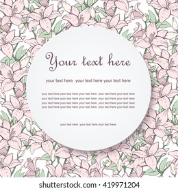 Floral vector card. Beautiful frame with flowers lily. Floral Frame - for Invitation, Wedding, Baby Shower Card. Delicate, pink greeting card. Doodle illustration