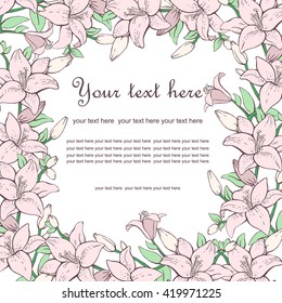 Floral vector card. Beautiful frame with flowers lily. Floral Frame - for Invitation, Wedding, Baby Shower Card. Delicate, pink greeting card. Doodle illustration