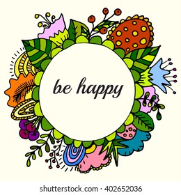 Floral vector card with bright flowers in a round frame. Framing, captions or greetings. Flower design Doodle. Leaves, bellflowers, daisies other flowers.