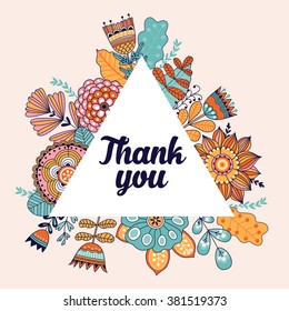 Floral vector card with colorful flowers in triangles frame. Frame for logo, label or greetings. Doodle floral design. Bugs, leaves, daisy other flowers.