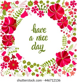 Floral vector card with colorful flowers. Frame for logo, label or greetings. Summer doodle design. 