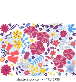 Floral vector card with colorful flowers. Frame for logo, label or greetings. Summer doodle design.