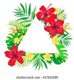 Floral vector card with colorful tropical flowers in triangles frame. Frame for logo, label or greetings.