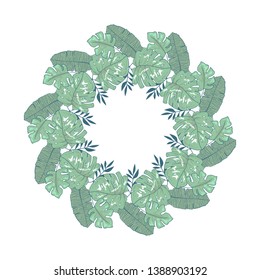 Floral vector card Design with abstract green exotic leaves round, circle wreath beautiful cute rustic frame border print. Vector garden illustration. isolated on white background
