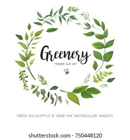 Floral vector card Design with green Eucalyptus fern leaves elegant greenery, herbs forest round, circle wreath beautiful cute rustic frame border print. Vector garden illustration, Wedding Invitation