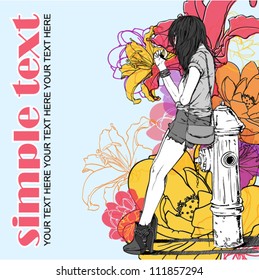 Floral vector card with fashion girl.