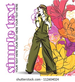 Floral vector card with fashion girl.