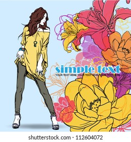 Floral vector card with fashion girl.