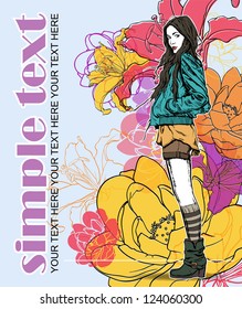 Floral vector card with fashion girl.