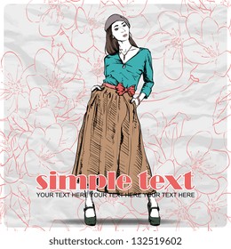 Floral vector card with fashion girl.