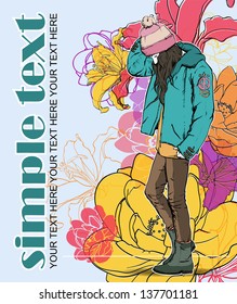 Floral vector card with fashion girl.