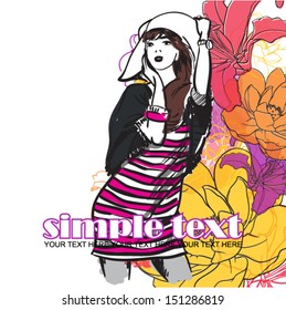 Floral vector card with fashion girl.
