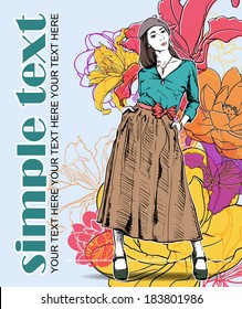 Floral vector card with fashion girl.