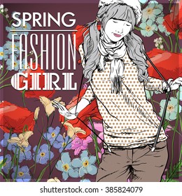 Floral vector card with fashion girl.