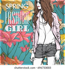 Floral vector card with fashion girl.