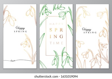 Floral vector card with golden snowdrops, happy spring card.