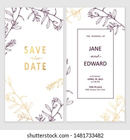 Floral vector card with golden wild herbs, wedding invitation. Can be used for - save the date, mothers day, valentines day, birthday cards.