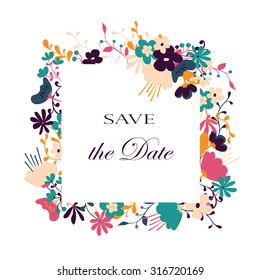 Floral vector card. Hand drawn design for Save The Date, Thank you card, Greeting card, baby shower, mothers day, valentines day, birthday cards, invitations.  Vector illustration.