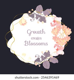 Floral vector card or poster with African violets arranged in a freeform shape. A round floral composition with wavy golden lines around. Vector garden illustration, poster, card, etc.