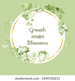 Floral vector card or poster with African violets arranged around a circle. White circle shape with a golden frame on the colored background. Vector garden illustration, poster, card, etc.