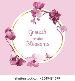 Floral vector card or poster with African violets arranged around a circle. White circle shape with a golden frame on the colored background. Vector garden illustration, poster, card, etc.