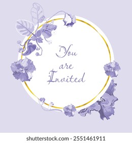 Floral vector card or poster with African violets arranged around a circle. White circle shape with a golden frame on the colored background. Vector garden illustration, poster, card, etc.